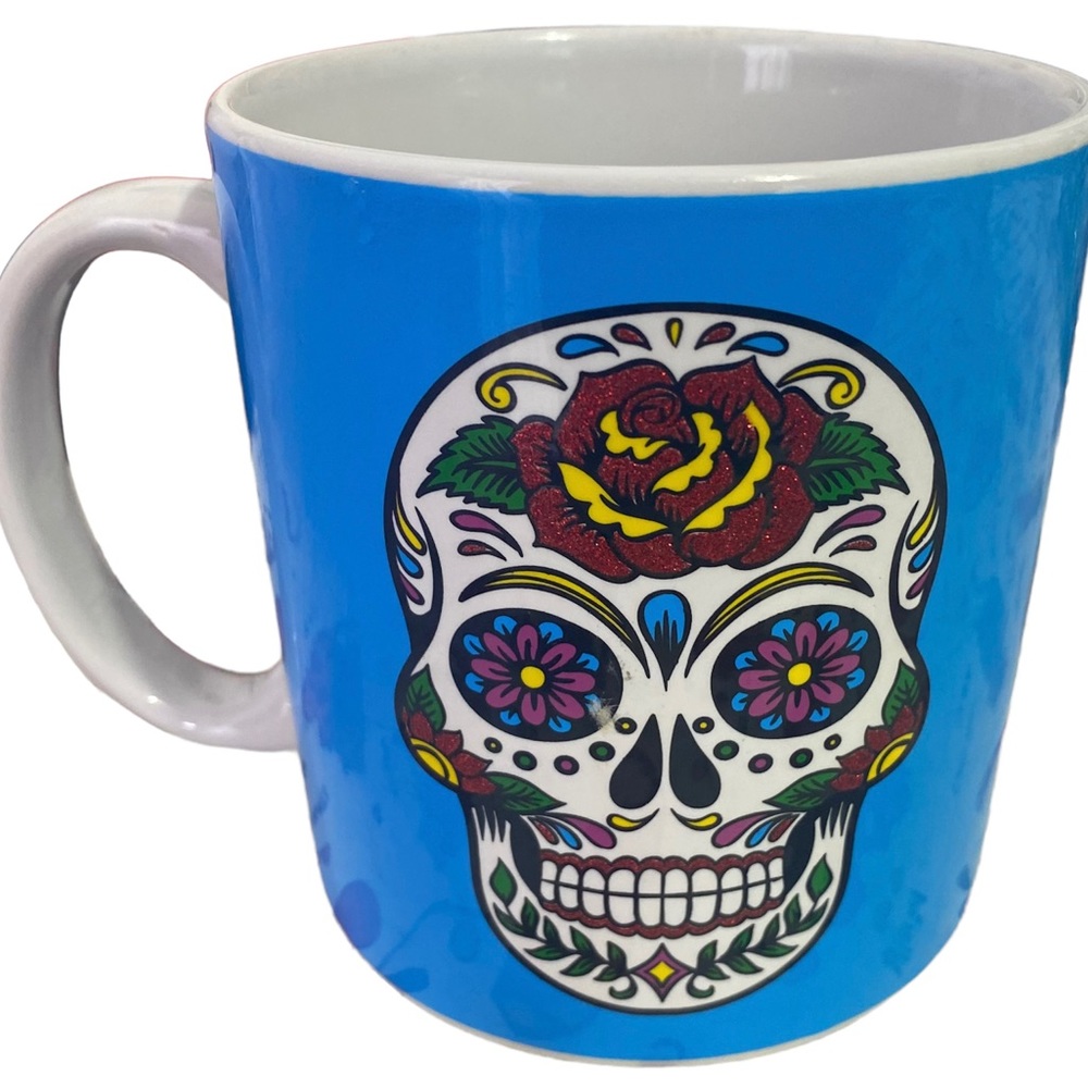 Day Of The Dead Blue/White Multicolored Skull Image on Coffee Mug 16 oz. 4.25”